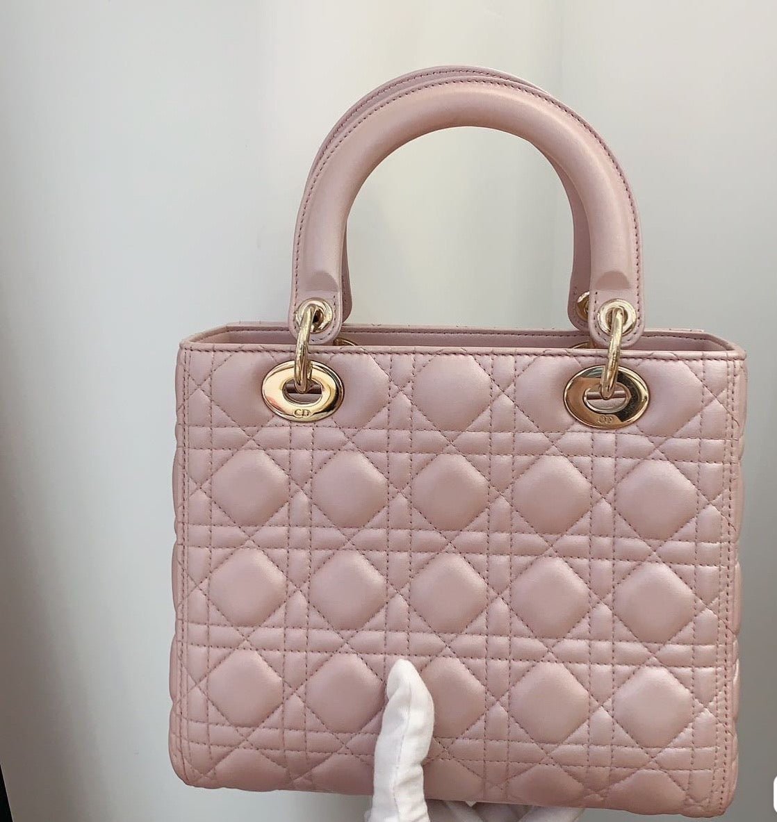 Lady Dior Medium Handbag Pearlescent Pink Cannage Leather Gold Hardware Rovelle Bags