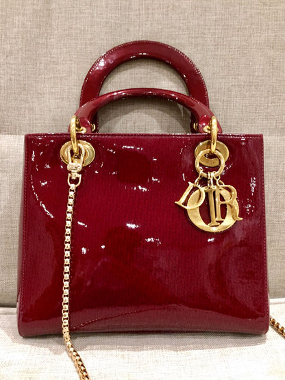 Lady Dior Medium Red Patent Leather Monogram Embossed Handbag Gold Hardware Rovelle Bags
