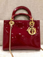 Lady Dior Medium Red Patent Leather Monogram Embossed Handbag Gold Hardware Rovelle Bags