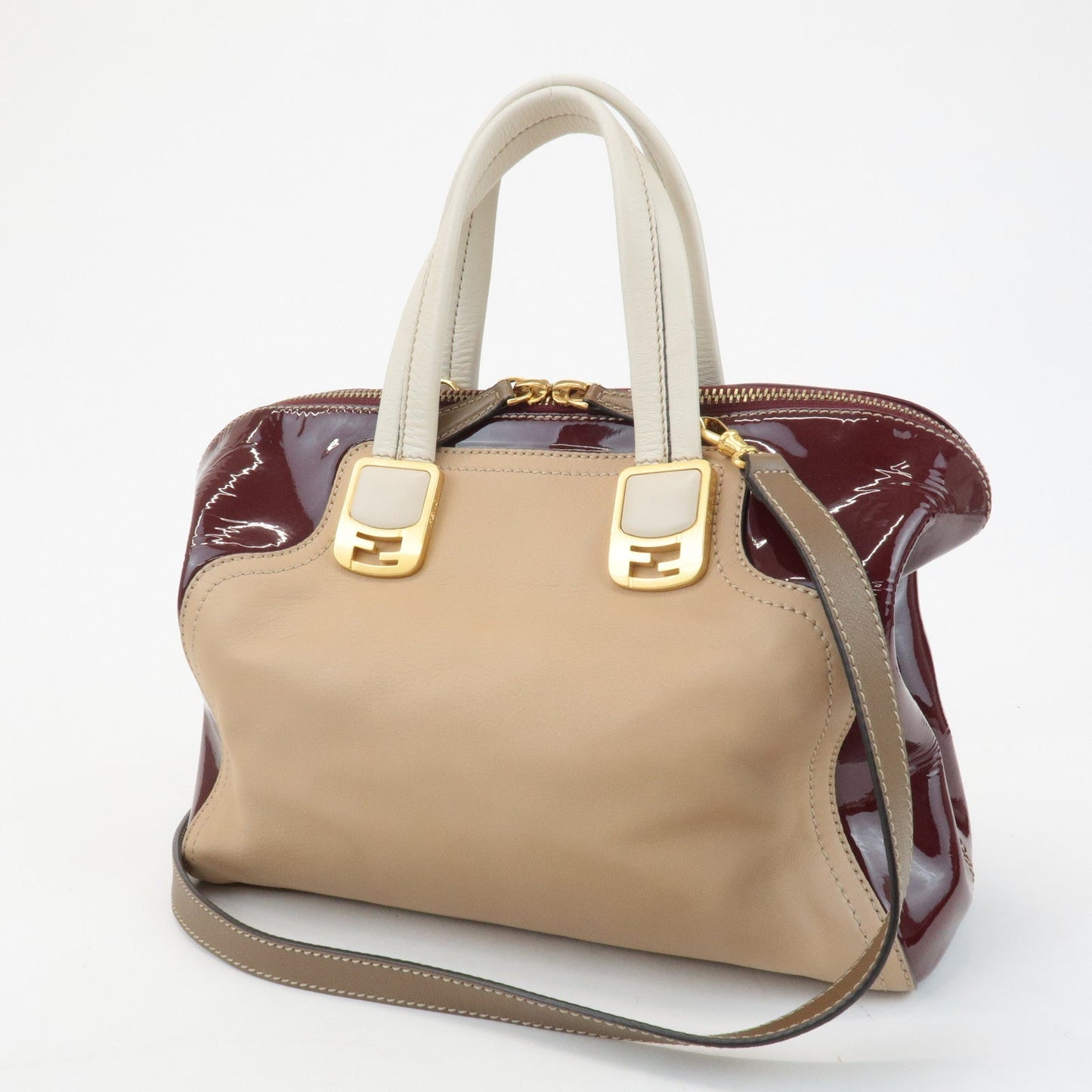 FENDI Chameleon Leather 2WAY Bag Hand Bag Beige Bordeaux 8BL114 Rovelle Bags