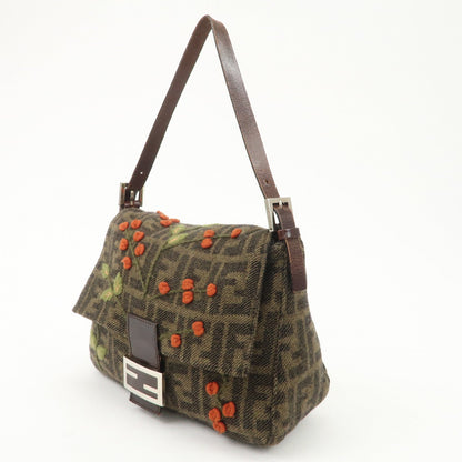 FENDI Mamma Baguette Wool Leather Shoulder Bag Tree Motif Khaki Rovelle Bags