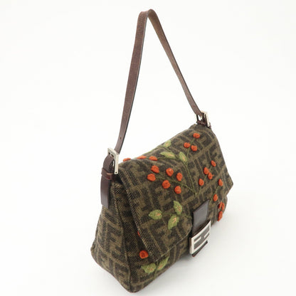 FENDI Mamma Baguette Wool Leather Shoulder Bag Tree Motif Khaki Rovelle Bags