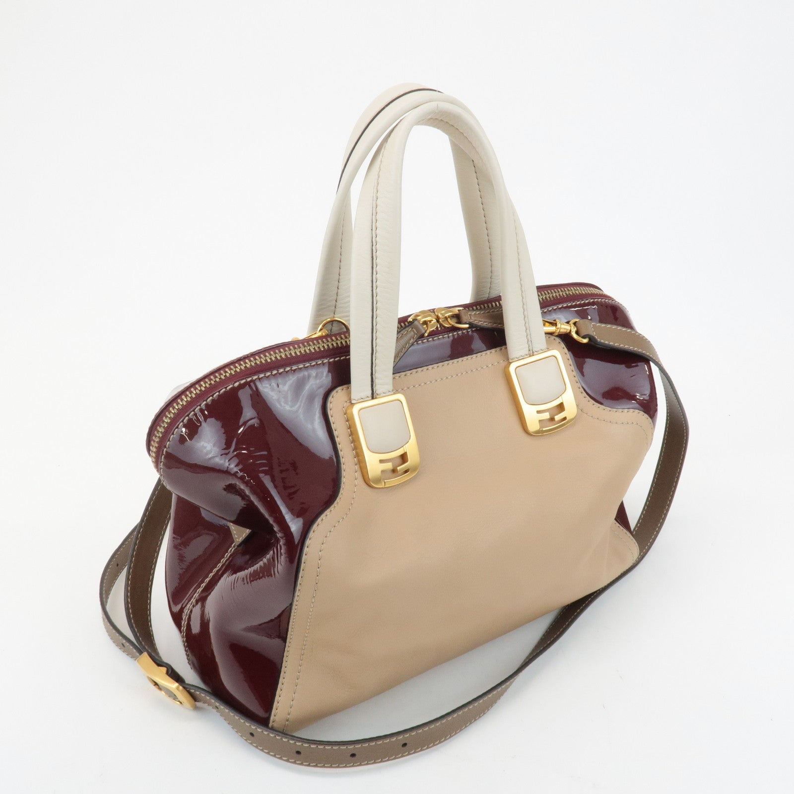 FENDI Chameleon Leather 2WAY Bag Hand Bag Beige Bordeaux 8BL114 Rovelle Bags