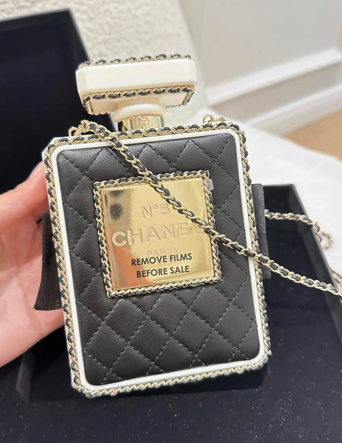 Chanel Black Quilted Leather And White Perspex Perfume Bottle Minaudiere Gold Hardware Rovelle Bags