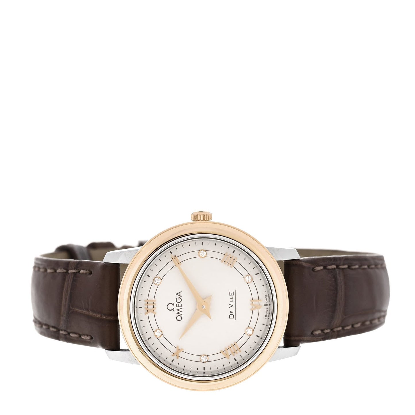 Stainless Steel 18K Red Gold Alligator Diamond 27mm De Ville Prestige Quartz Watch Silver 424.23.27.60.52.001