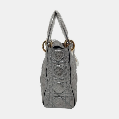 Lady Dior Small Supple Calfskin Leather Metallic Grey Cannage Handbag with Strap Rovelle Bags