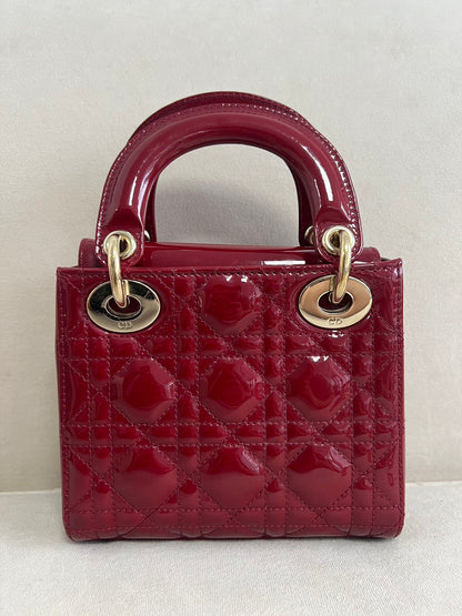 Lady Dior Mini Handbag Burgundy Red Patent Leather Gold-tone Chain Strap 2020 Suede Interior Rovelle Bags