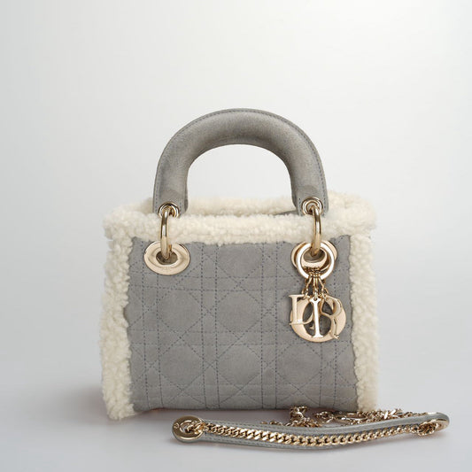 Christian Dior Lady Dior 2020 Mini Suede Shearling Cannage Lady Dior Satchel Rovelle Bags