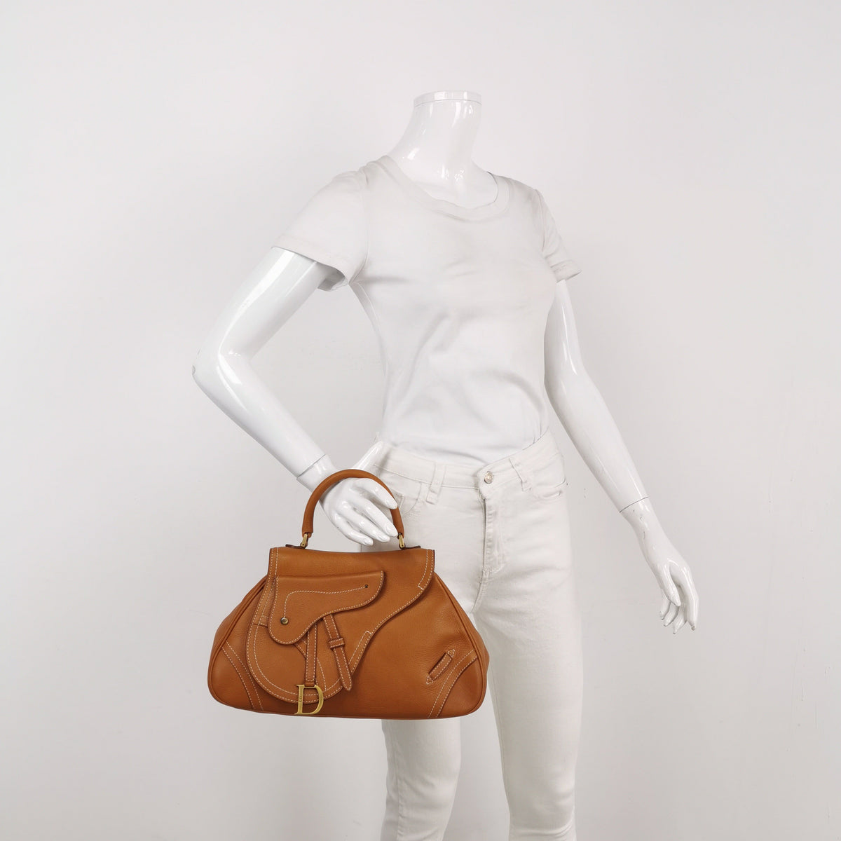 Dior Top Handle Saddle Bag Cognac Tan Brown Calfskin Leather Rovelle Bags