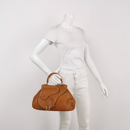 Dior Top Handle Saddle Bag Cognac Tan Brown Calfskin Leather Rovelle Bags