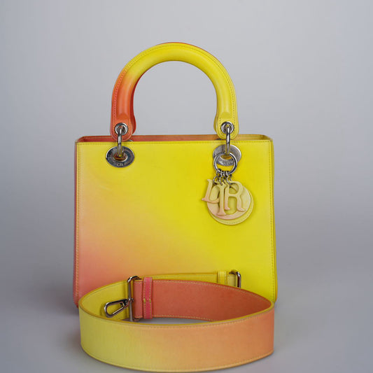 Christian Dior Lady Dior Medium Bag In Gradient Yellow And Orange Box Calf Leather Rovelle Bags