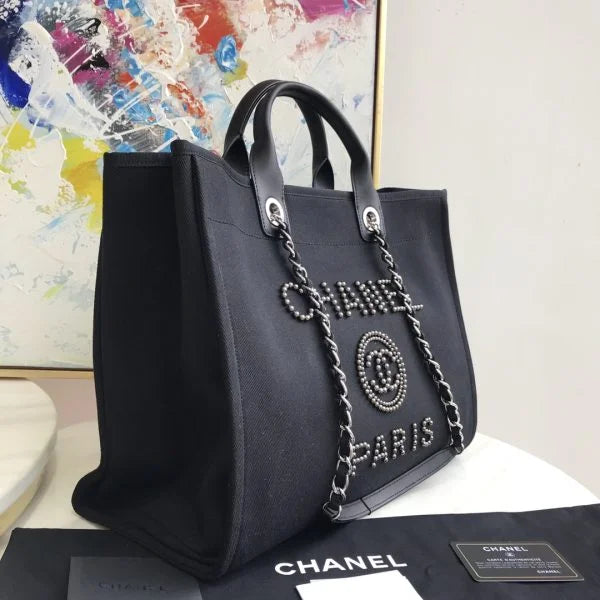 Chanel Deauville Pearl Canvas Tote Bag Black