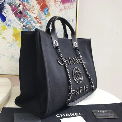 Chanel Deauville Pearl Canvas Tote Bag Black