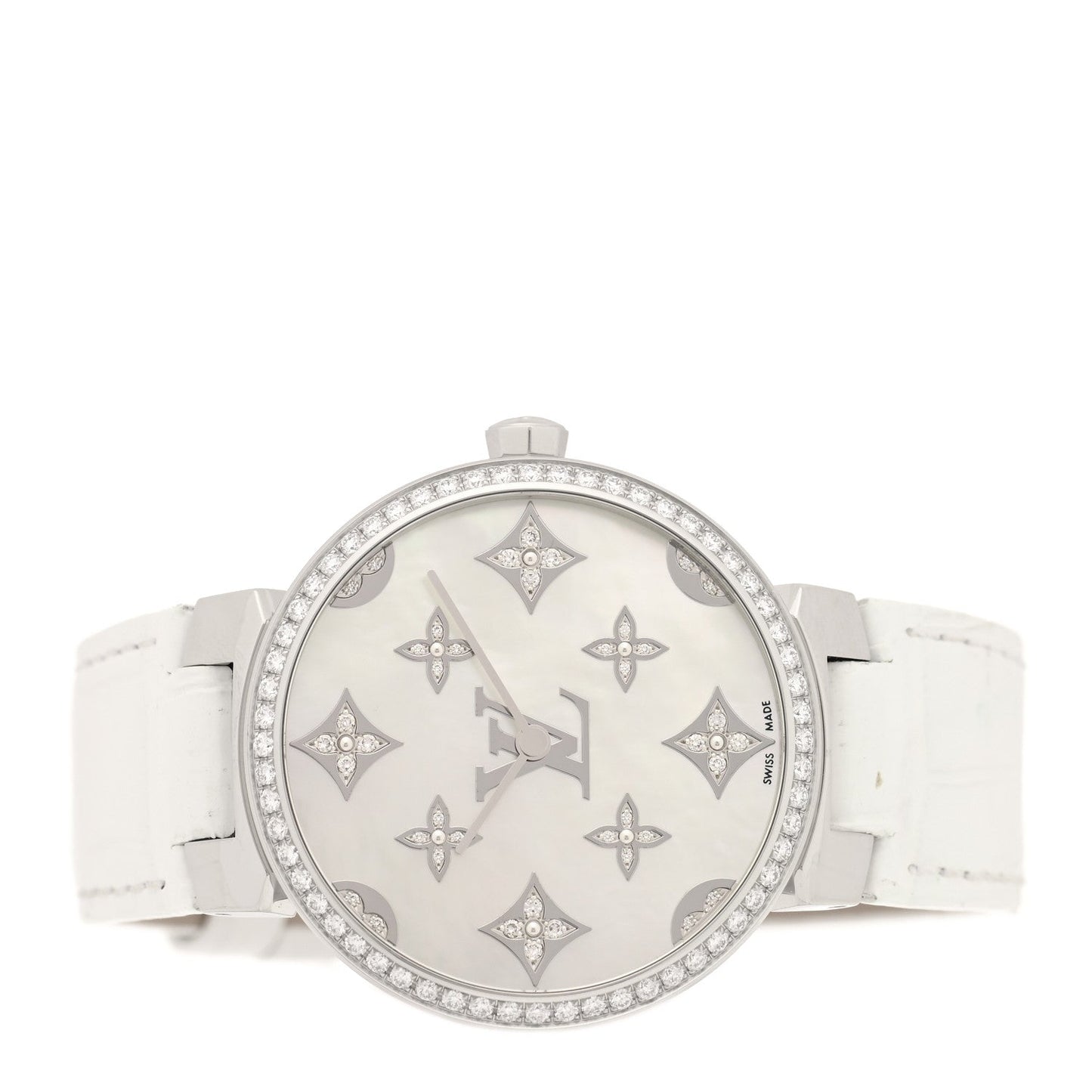 Stainless Steel Alligator Diamond Bezel Mother of Pearl 33mm Tambour Slim Quartz Watch