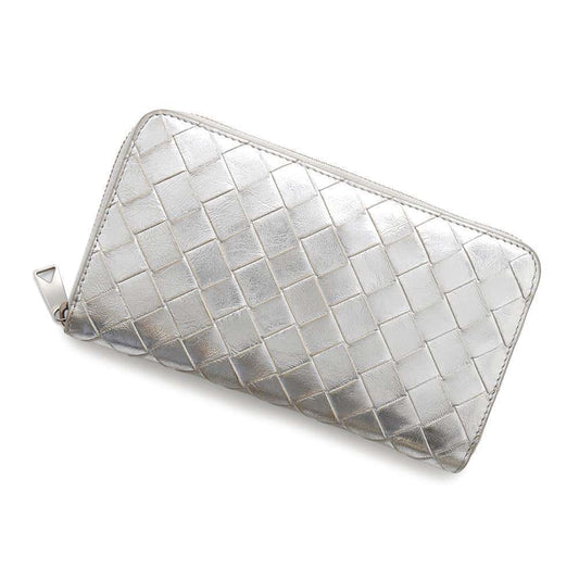Bottega Veneta INTRECCIATO Zip Around Chozai Cloth Silver Leather