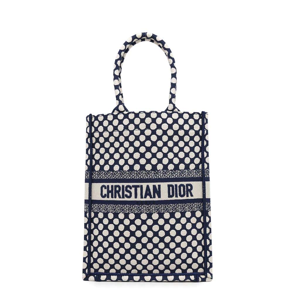 Dior Vertical Book Tote Dot White/Navy Canvas Rovelle Bags
