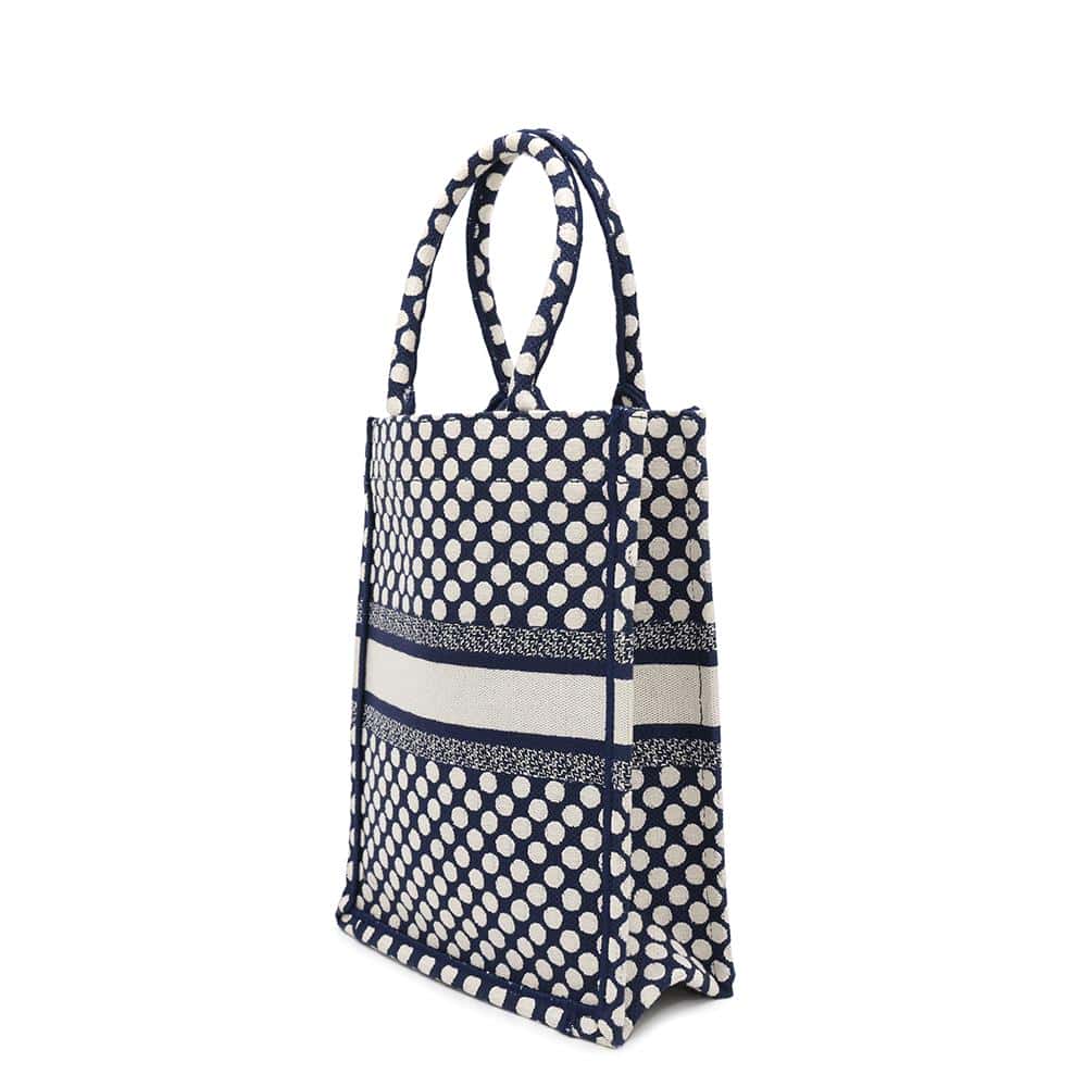 Dior Vertical Book Tote Dot White/Navy Canvas Rovelle Bags
