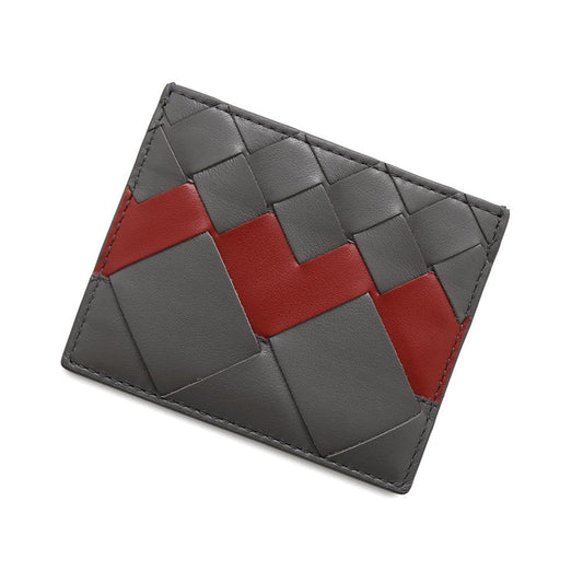Bottega Veneta INTRECCIATO Credit Card Case Gray/Red Leather