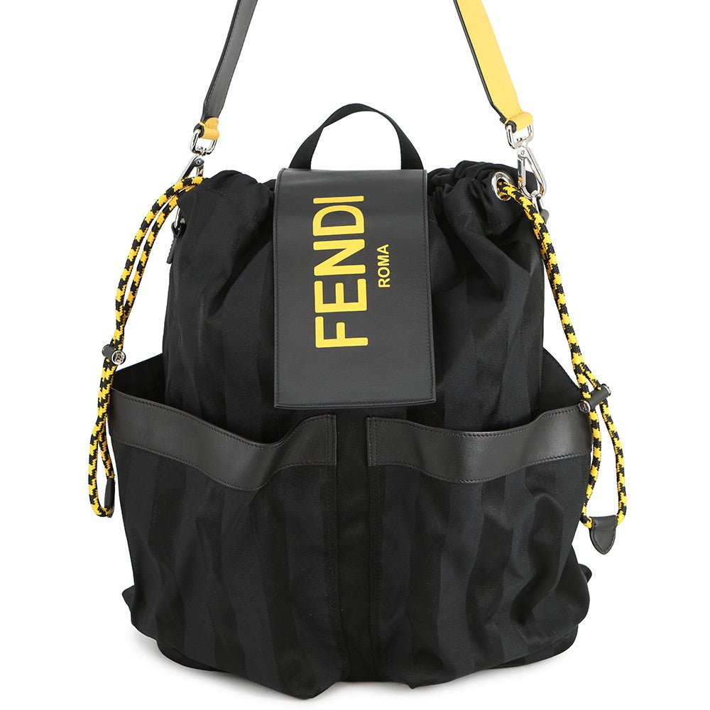 FENDI Strike Pecan Backpack Black/Yellow7VZ056 Nylon Leather Size Large Rovelle Bags