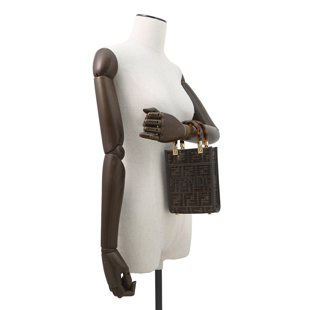 FENDI Zucca Sunshine Shopper 2-Way Handbag Brown8BS051 Canvas Leather Sequins Rovelle Bags