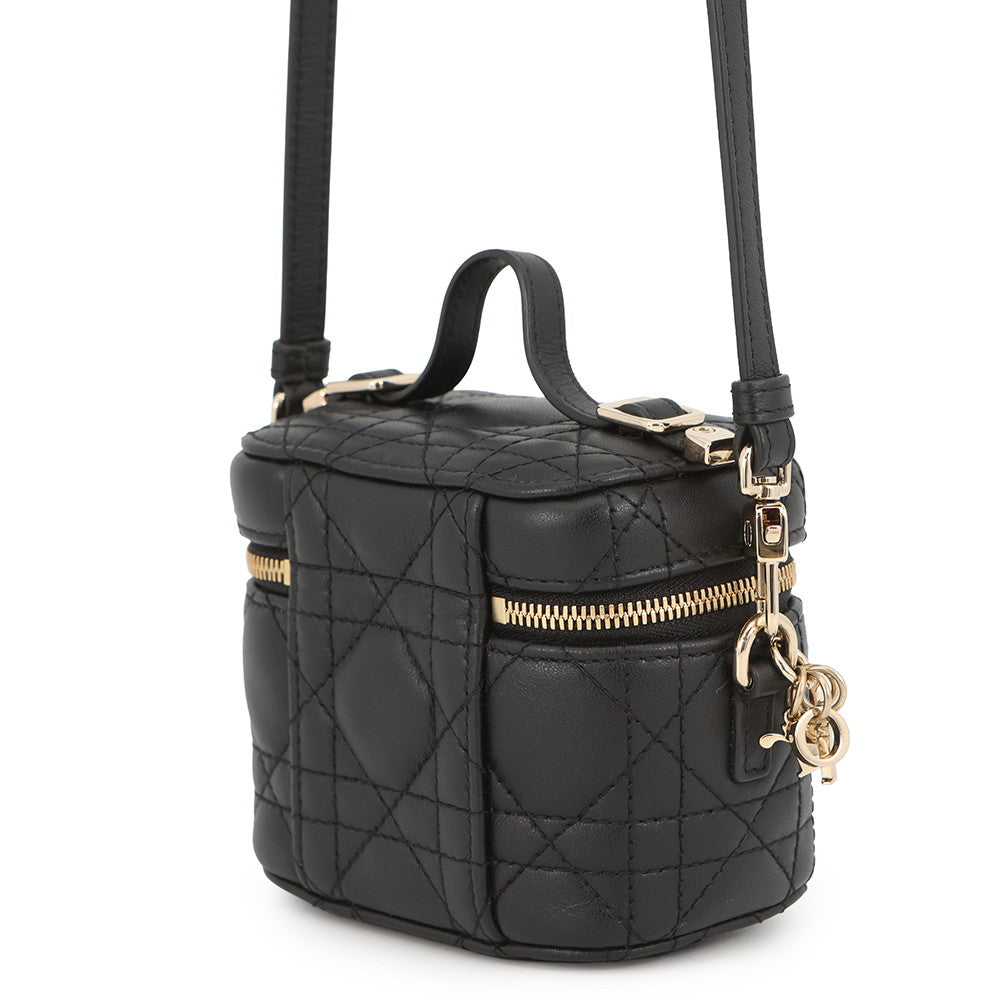 Dior Cannage 2-Way Vanity Shoulder Pouch Black Leather Rovelle Bags