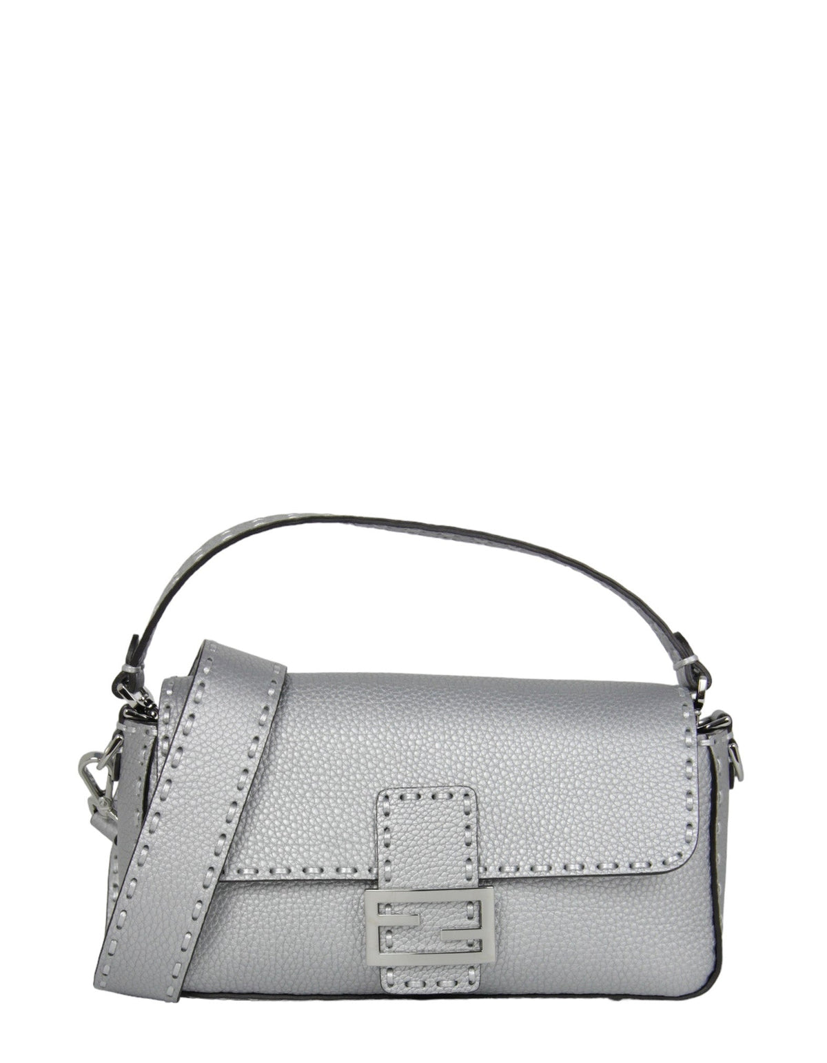 Fendi Silver Selleria Leather Baguette Bag w/ Oversized Topstitching Rovelle Bags