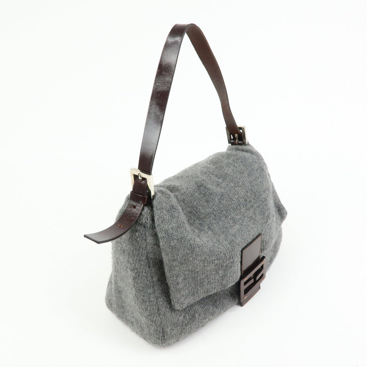 FENDI Mamma Baguette Wool Leather Shoulder Bag Grey Brown 26325 Rovelle Bags