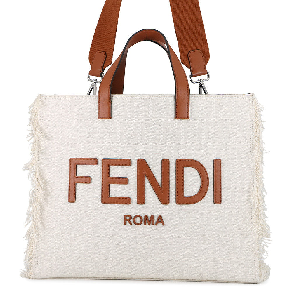 FENDI Logo 2WAY Tote Bag White/Brown7VA591 Canvas Leather Rovelle Bags