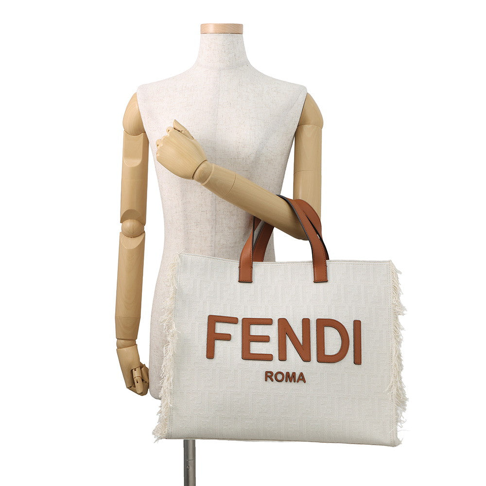 FENDI Logo 2WAY Tote Bag White/Brown7VA591 Canvas Leather Rovelle Bags