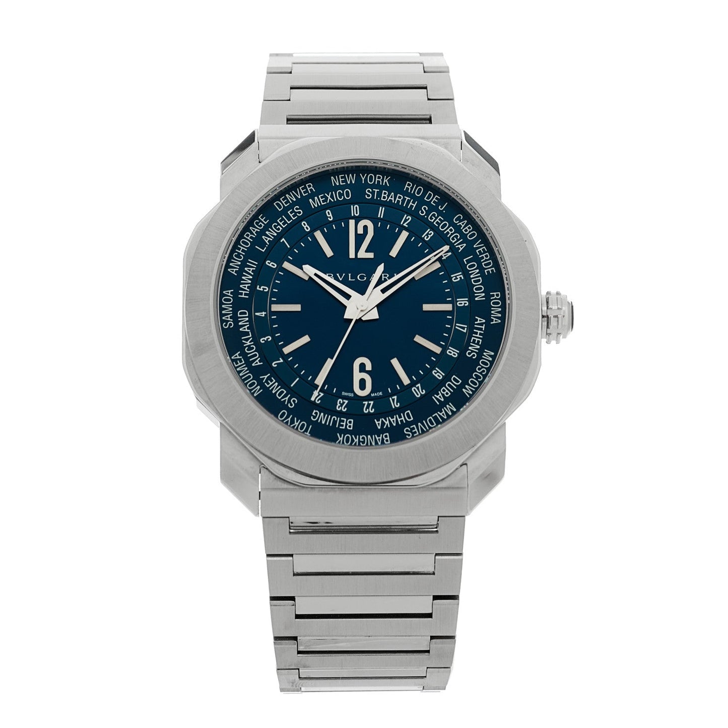 Stainless Steel 41mm Octo Roma Worldtimer Automatic Watch Blue