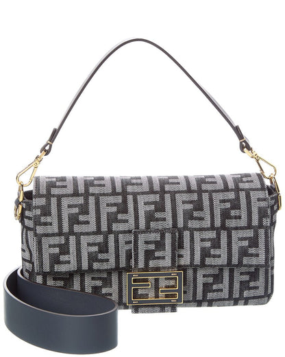 Fendi Baguette Ff Denim Jacquard & Leather Shoulder Bag Rovelle Bags
