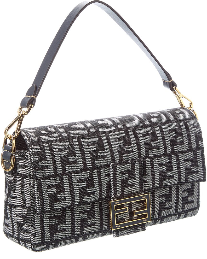 Fendi Baguette Ff Denim Jacquard & Leather Shoulder Bag Rovelle Bags
