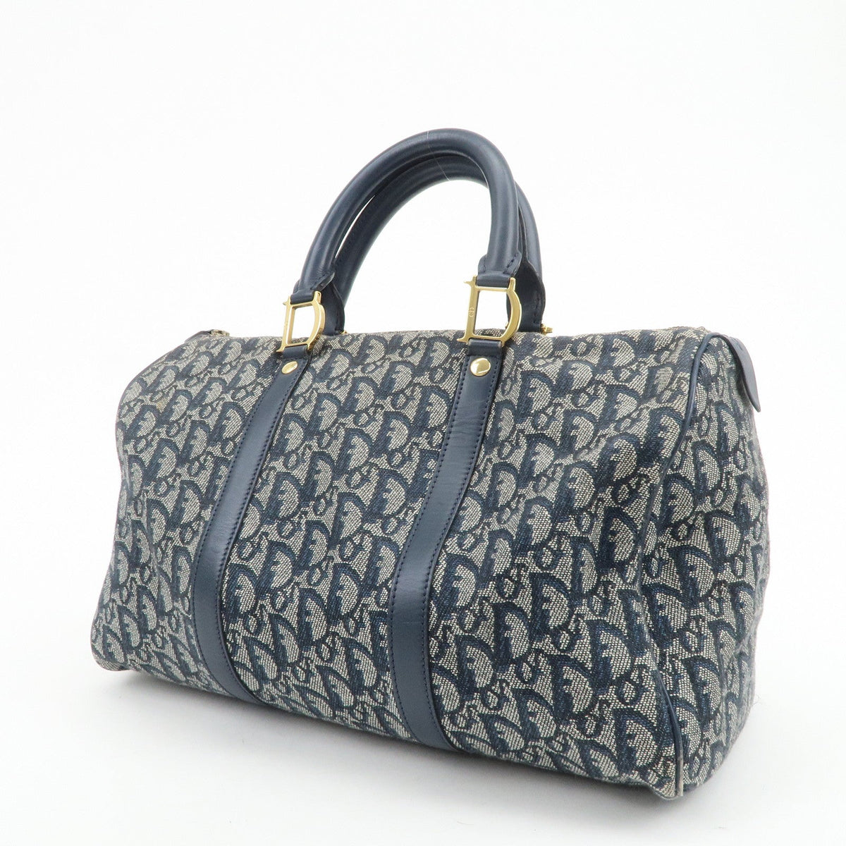 Christian Dior Trotter Jacquard Canvas Leather Boston Bag Navy Rovelle Bags