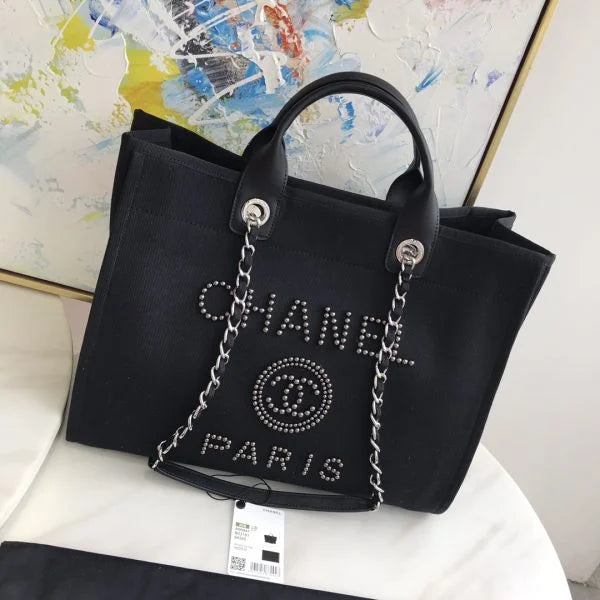 Chanel Deauville Pearl Canvas Tote Bag Black