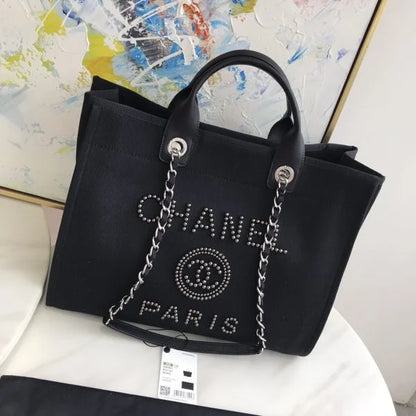 Chanel Deauville Pearl Canvas Tote Bag Black