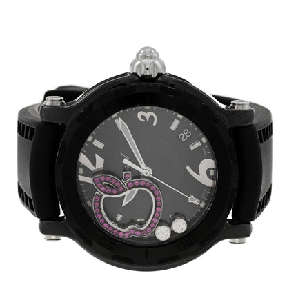 Stainless Steel Rubber Diamond Pink Sapphire 38mm Happy Sport Apple Quartz Watch Black