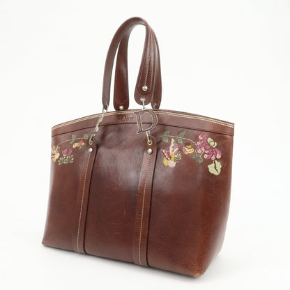 Christian Dior Leather Flower Embroidery Tote Shoulder Bag Brown Rovelle Bags