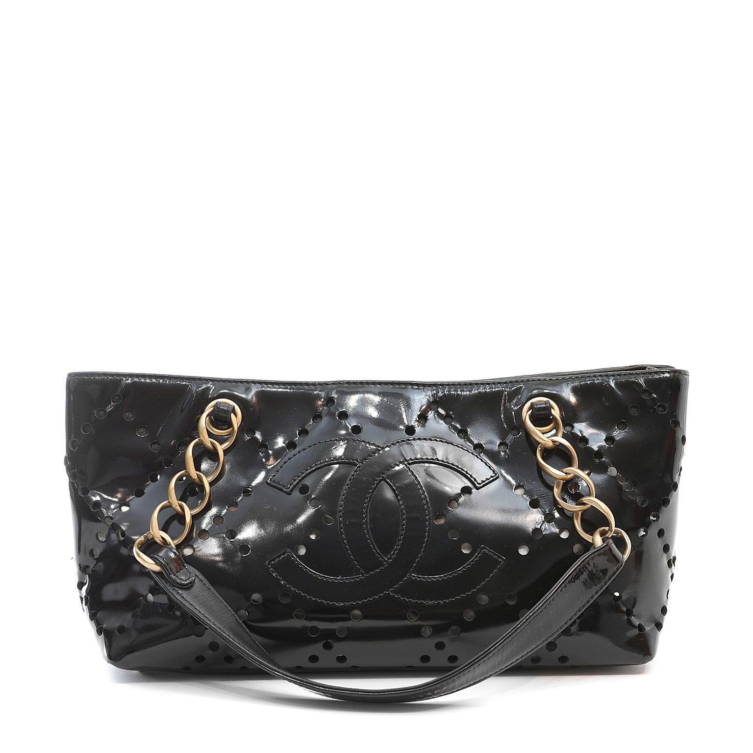 Chanel Black Patent Leather Perforated CC Tote Rovelle Bags