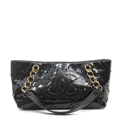 Chanel Black Patent Leather Perforated CC Tote Rovelle Bags