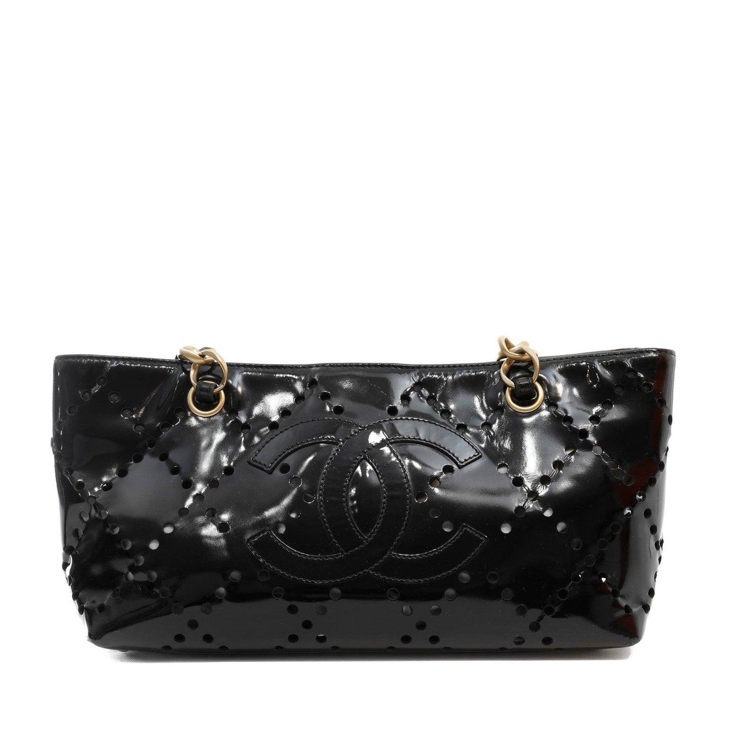 Chanel Black Patent Leather Perforated CC Tote Rovelle Bags