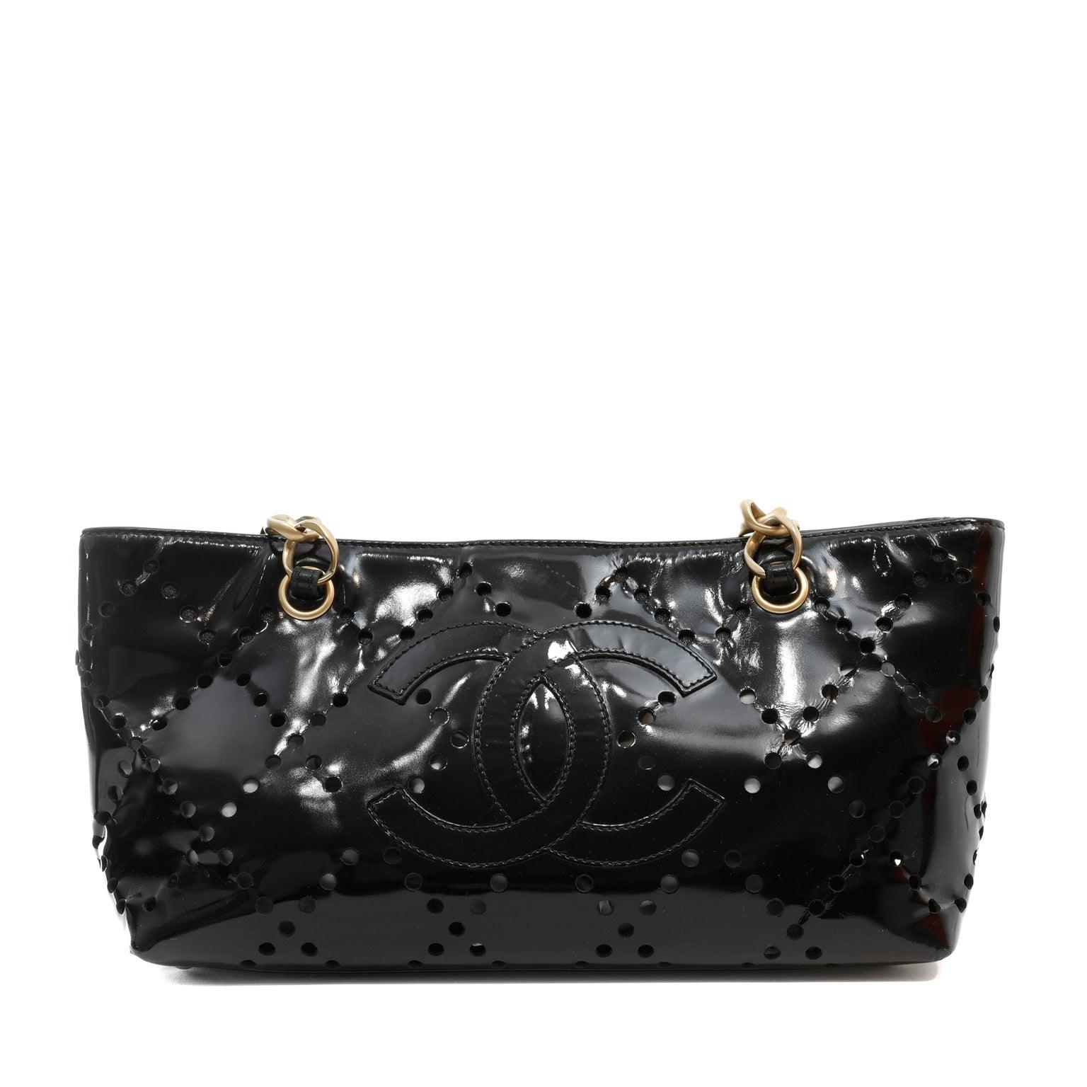 Chanel Black Patent Leather Perforated CC Tote Rovelle Bags