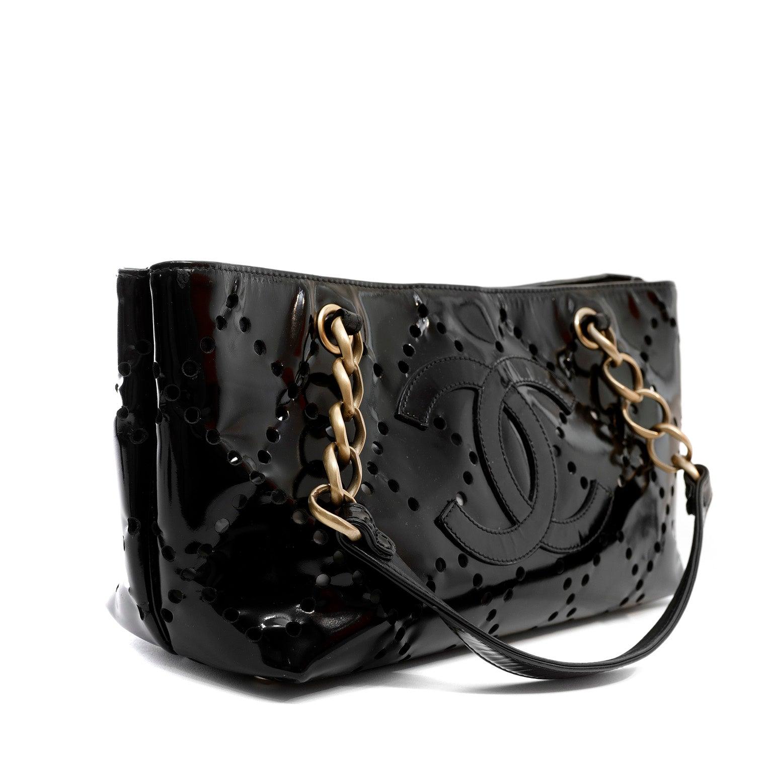 Chanel Black Patent Leather Perforated CC Tote Rovelle Bags