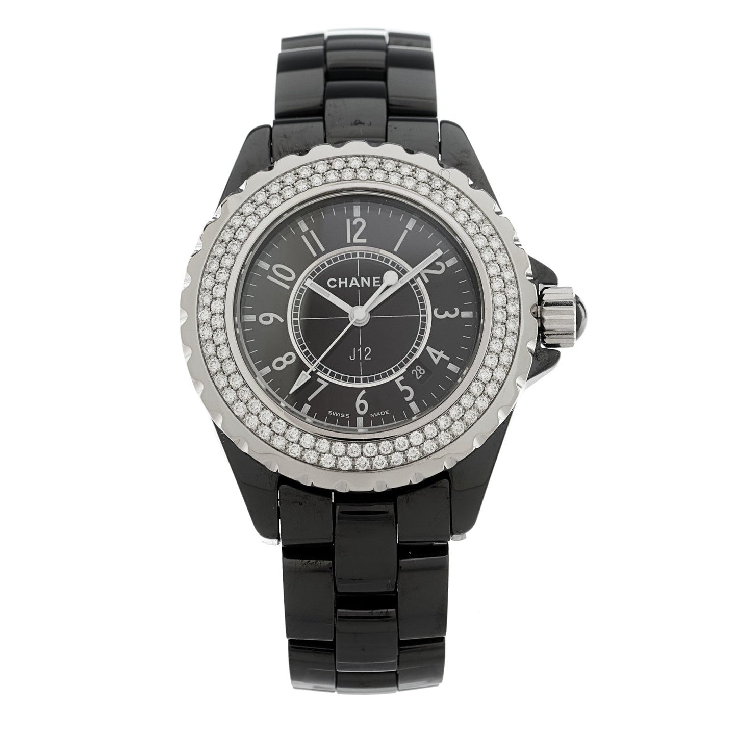 Stainless Steel Ceramic Diamond Pave Bezel 33mm J12 Quartz Watch Black