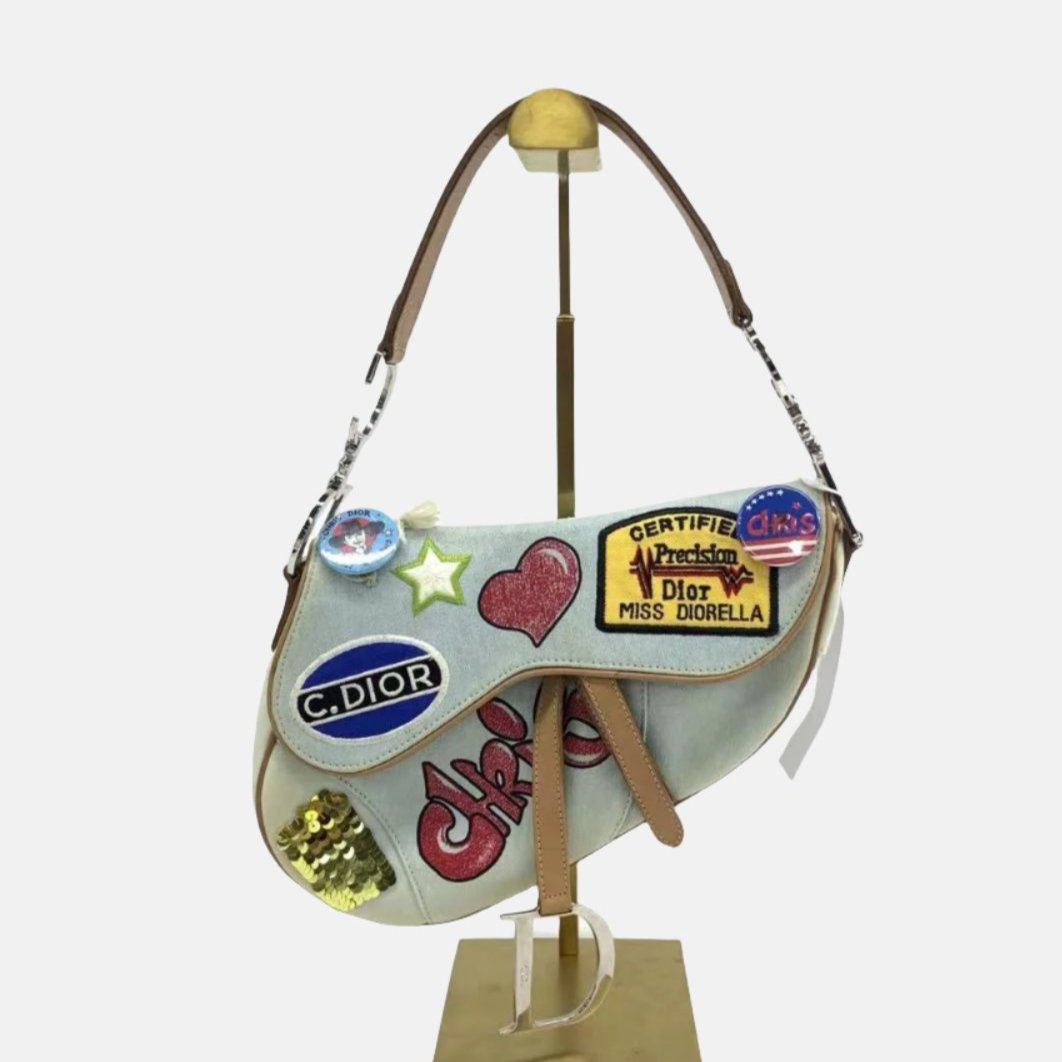 Dior Saddle Bag Miss Diorella in Blue Denim with Badges, Fall-Winter 2001 Rovelle Bags