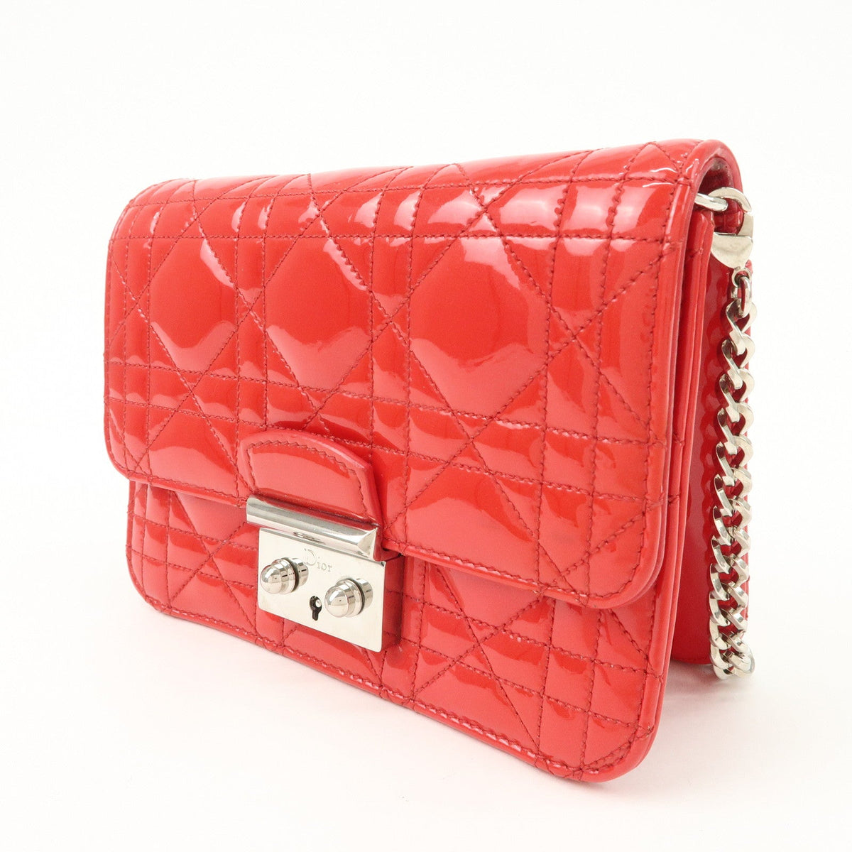 Christian Dior Cannage Patent Leather Chain Shoulder Bag Cow Red Rovelle Bags