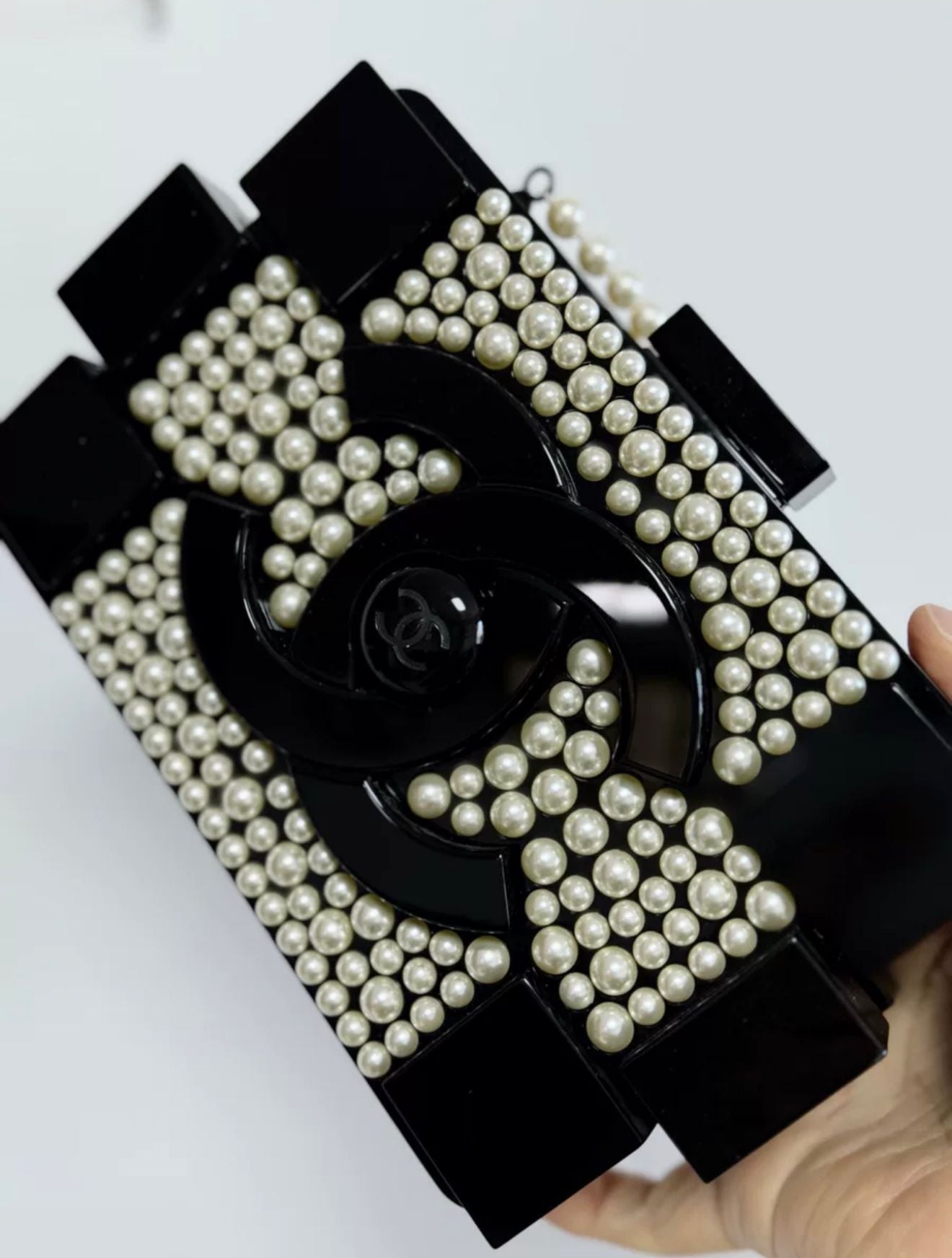 Chanel Runway White Pearl And Black Lego Clutch Rovelle Bags