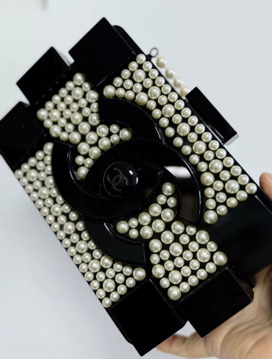 Chanel Runway White Pearl And Black Lego Clutch Rovelle Bags