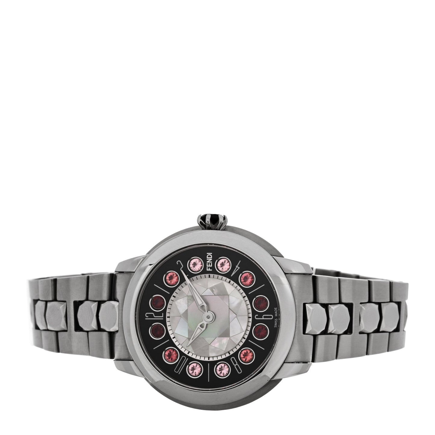 Stainless Steel Mother of Pearl Topaz Spinel 38mm Ishine Rotating Gem Two Tone Quartz Watch Black