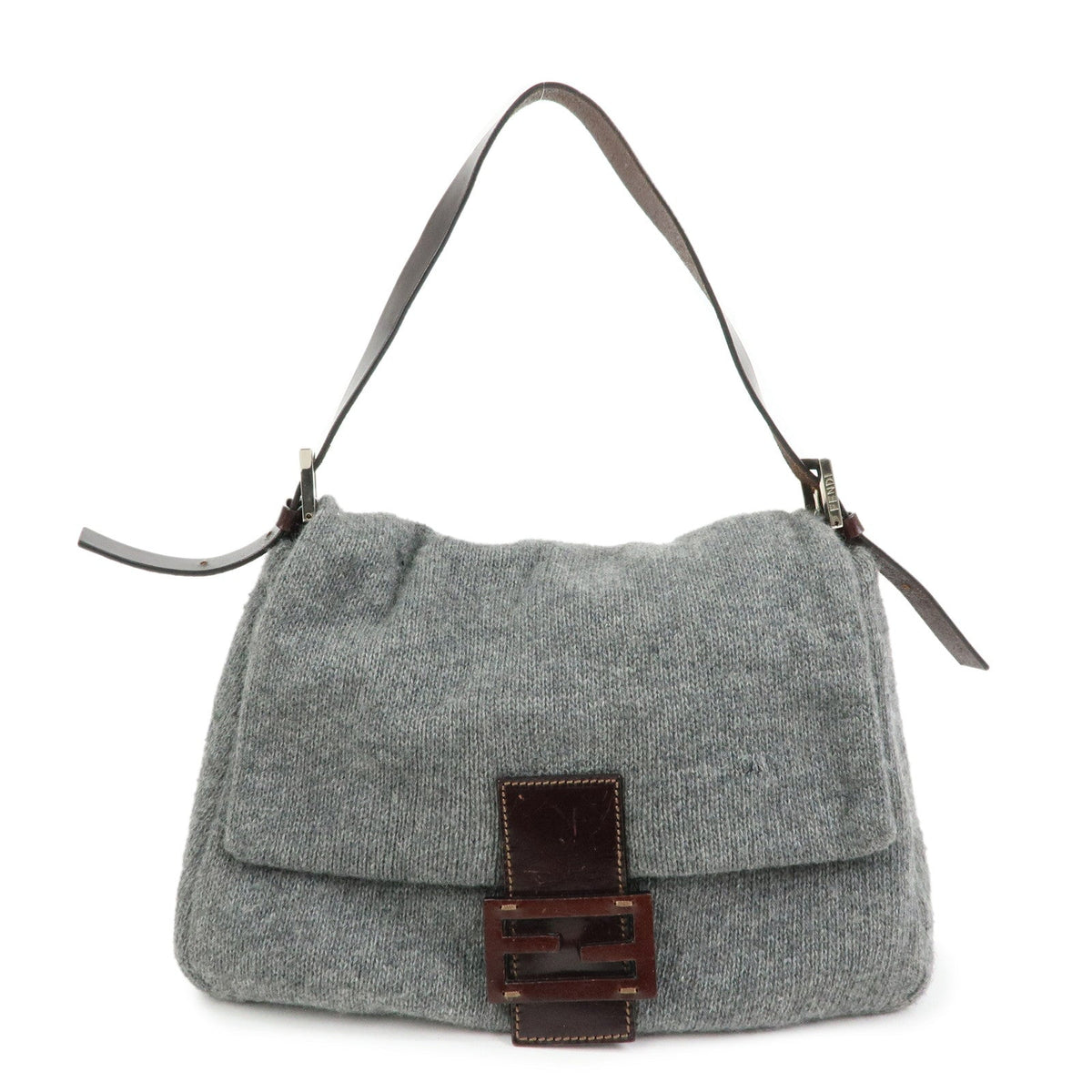 FENDI Mamma Baguette Wool Leather Shoulder Bag Grey Brown 26325 Rovelle Bags