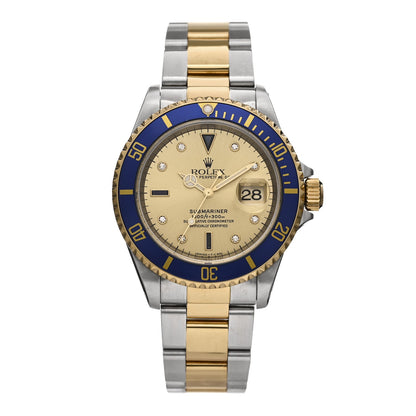 Stainless Steel 18K Yellow Gold Diamond Blue Sapphire 40mm Submariner Date Watch Champagne 16613